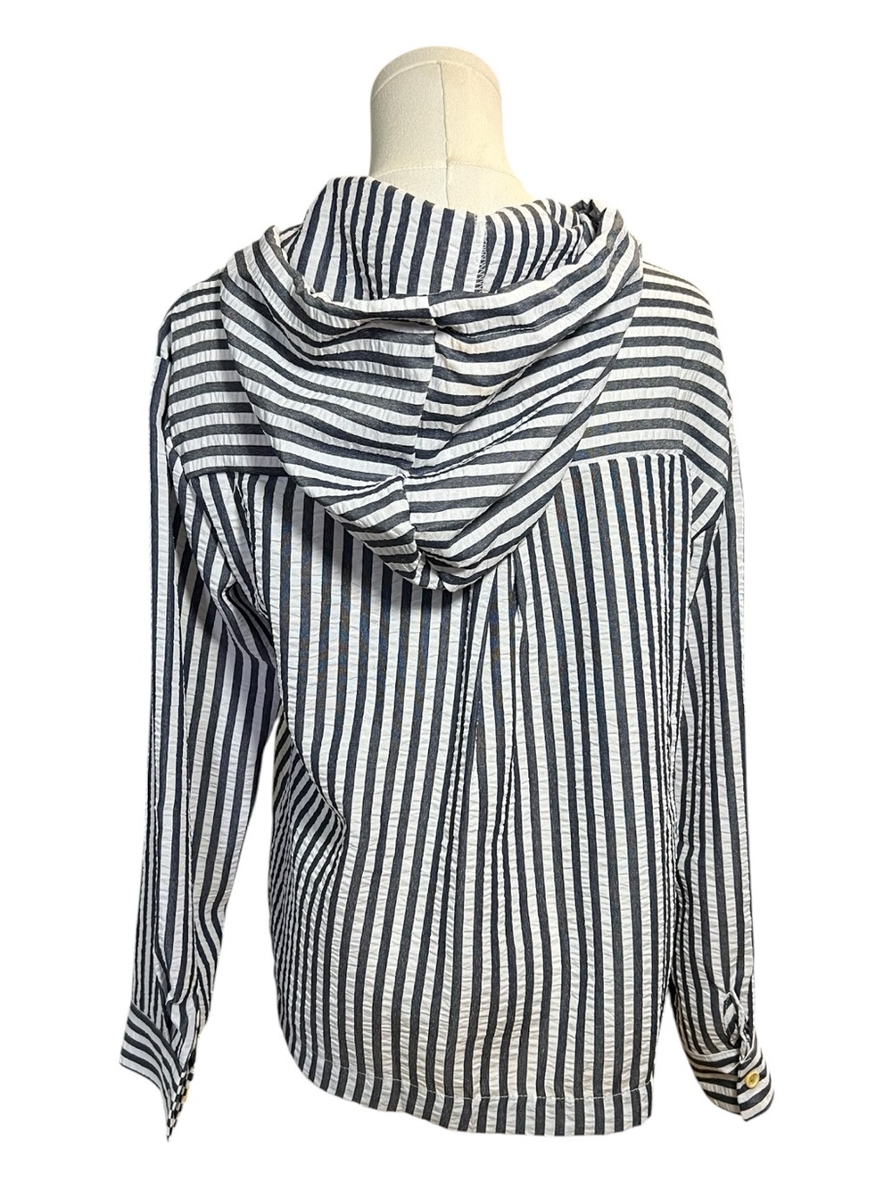 NWOT grayish blue & white striped hooded button-up shirt jacket | size S - Picture 7 of 10